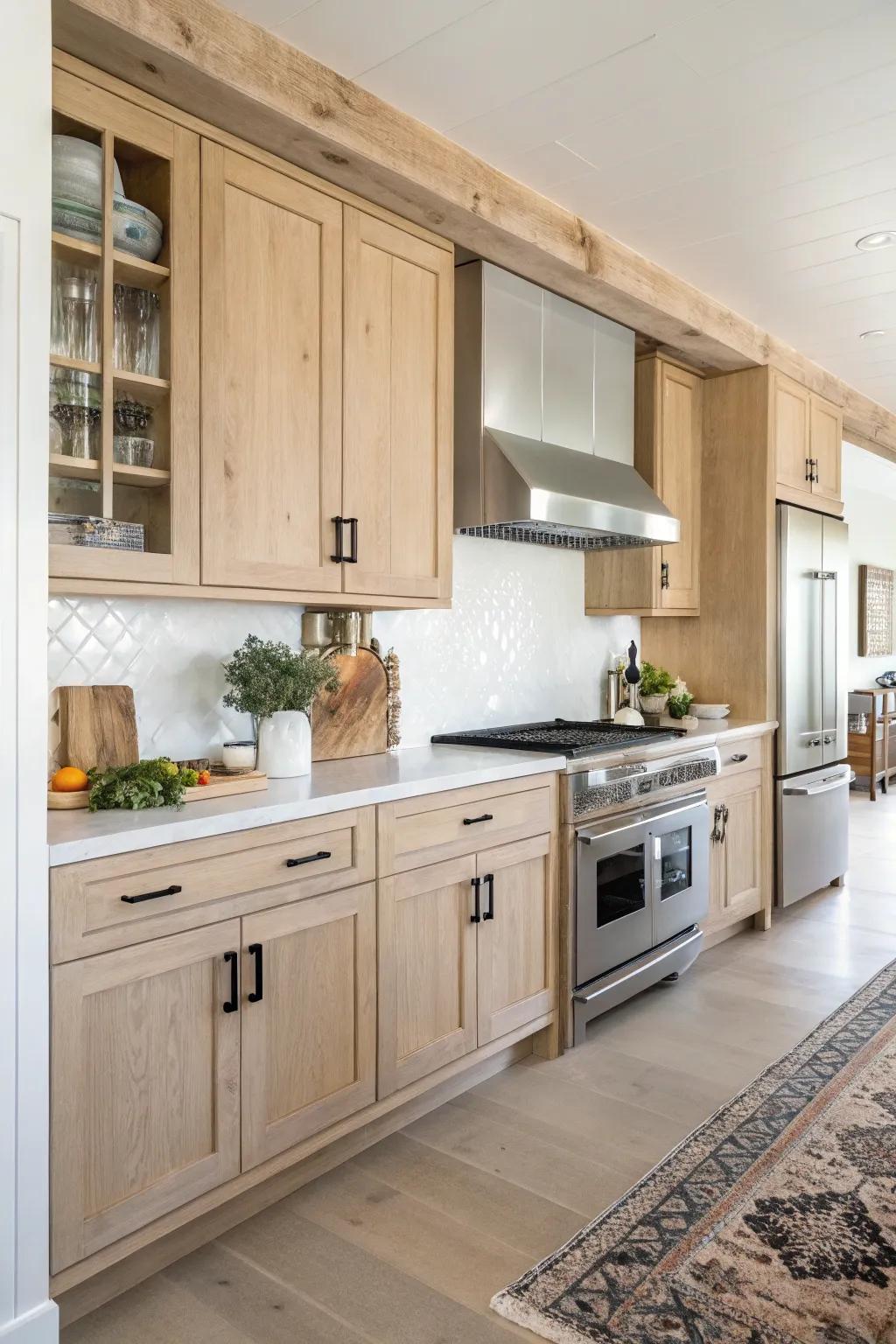 Modern appliances offer a sleek juxtaposition to light wood cabinets in a farmhouse setting.