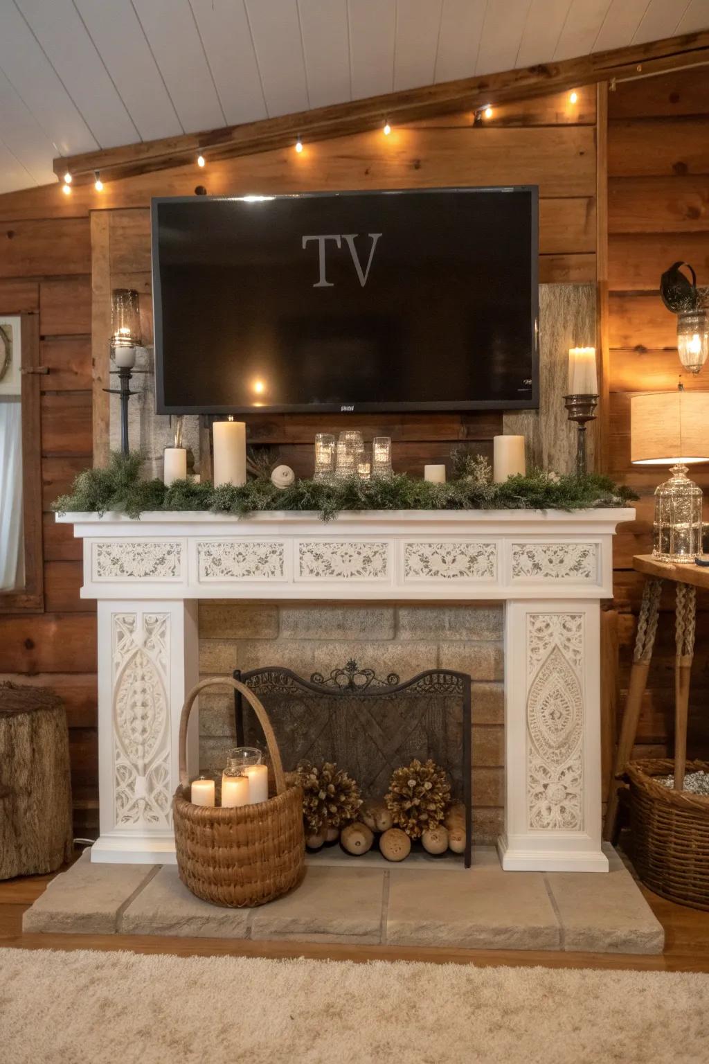 A farmhouse mantel, featuring a TV above, showcasing charming text banners.
