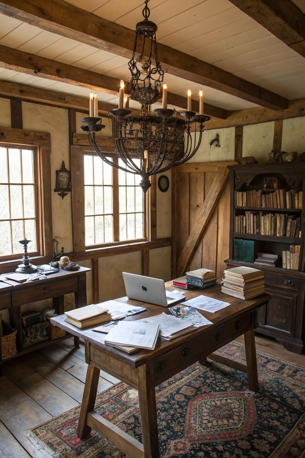 Dramatic lighting fixtures create bold focal points.