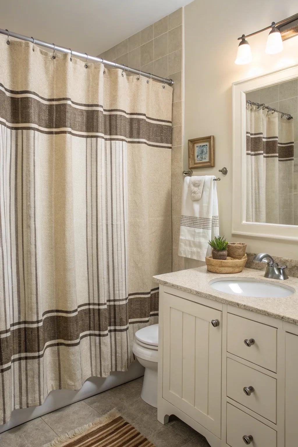A bathroom with a shower covering featuring classic feed sack bands.