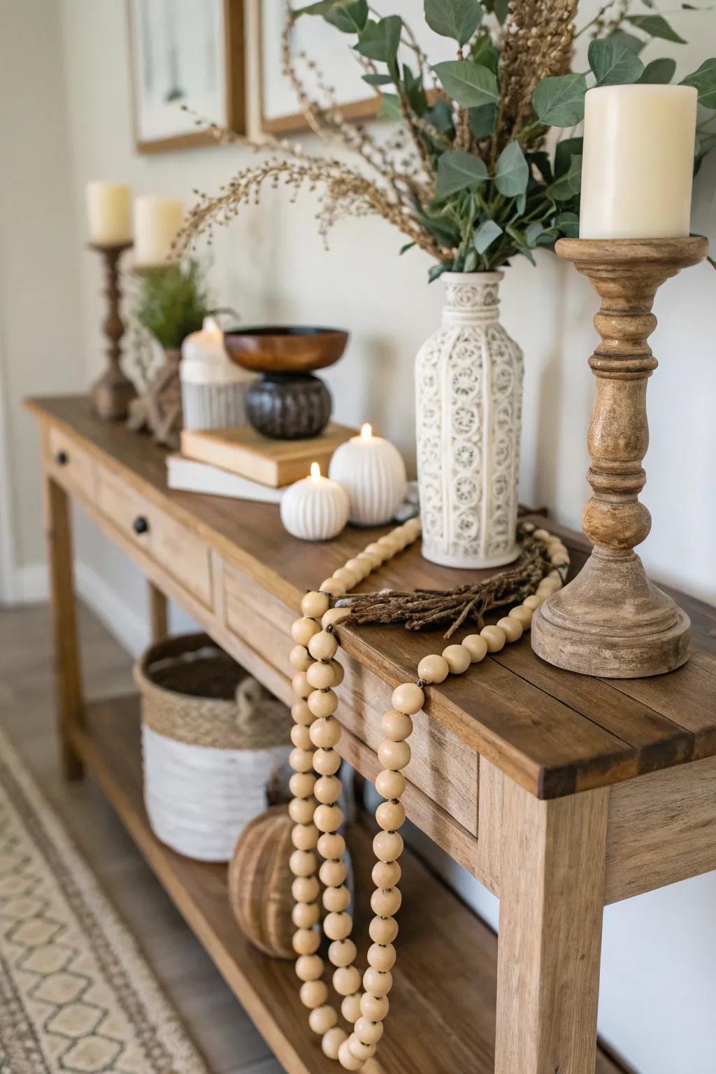 Console table enhanced with bead strand.