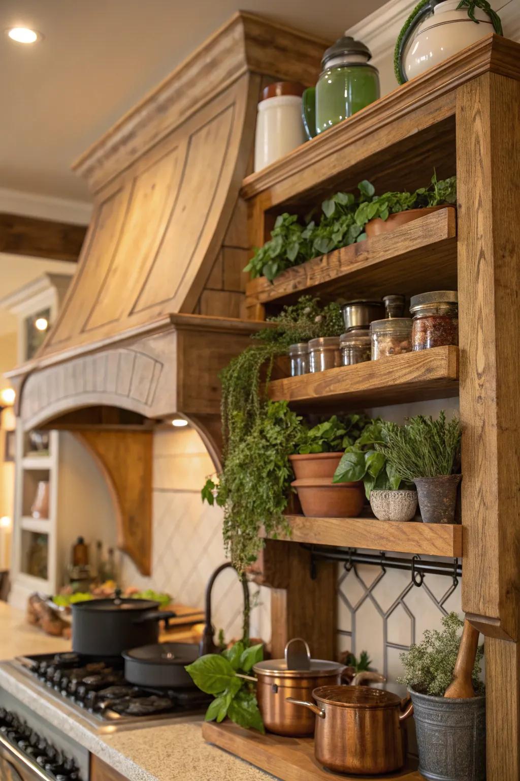 Integrated shelves on a range hood offer additional storage.