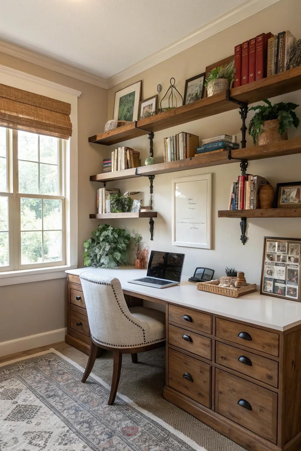 Nostalgic feelings created by simulated crown molding under shelves.
