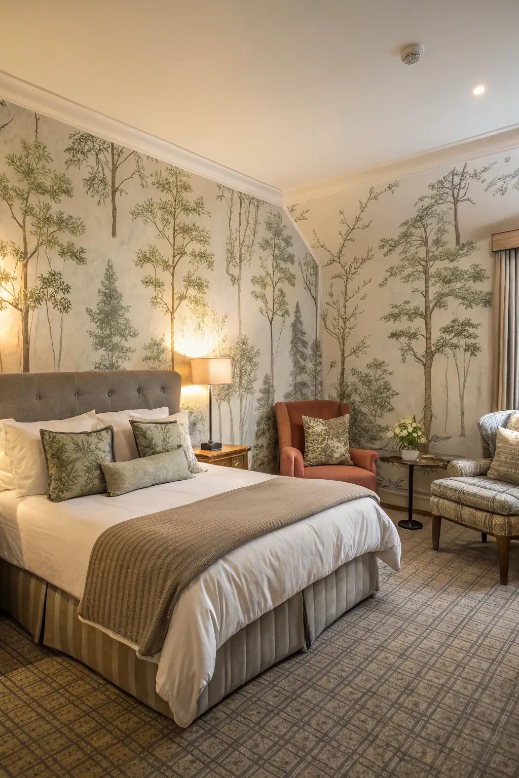 Woodland-themed wall covering introduces an enchanting accent to the guest room.