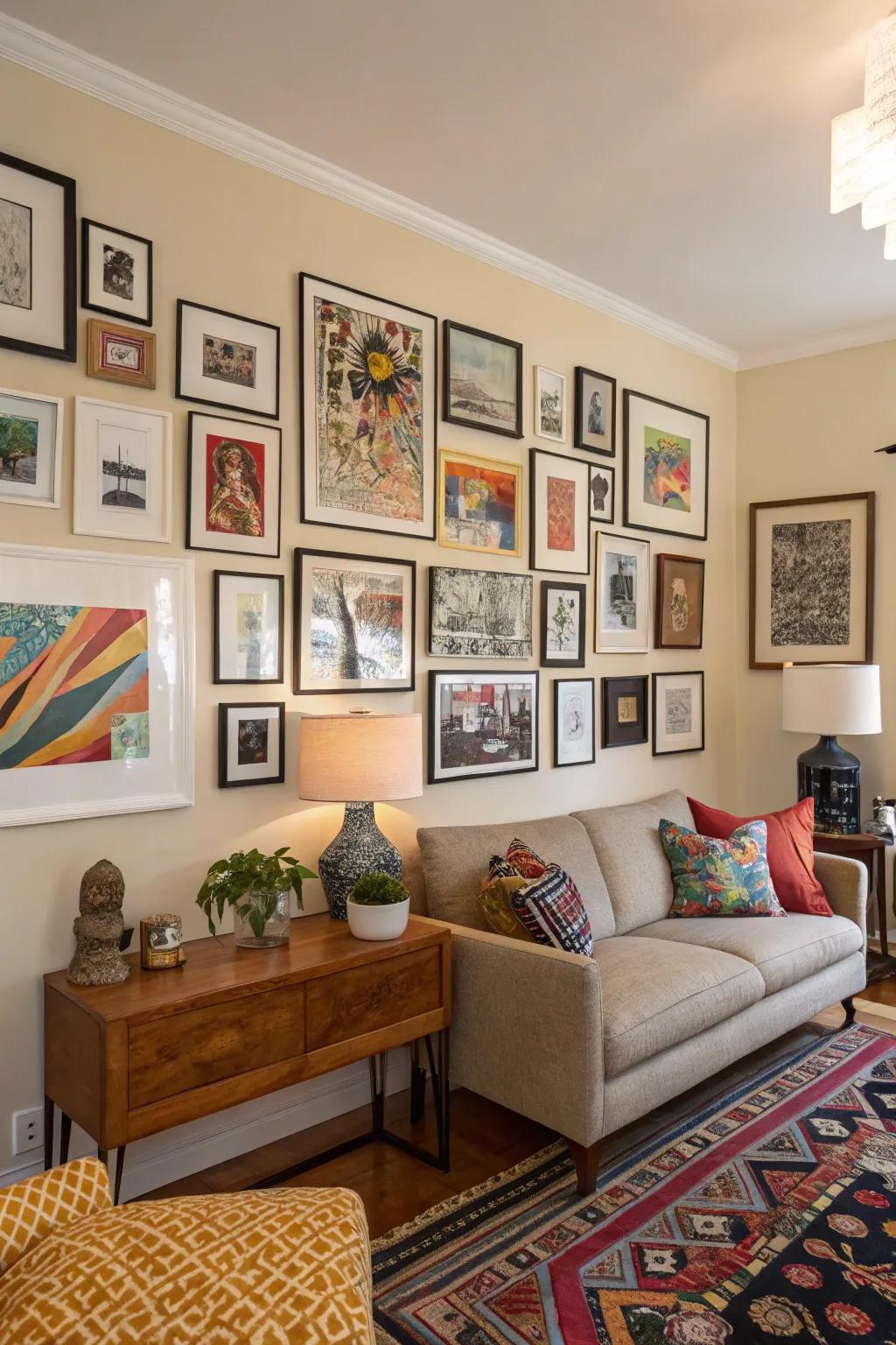 A living room featuring a varied and individualized display wall.