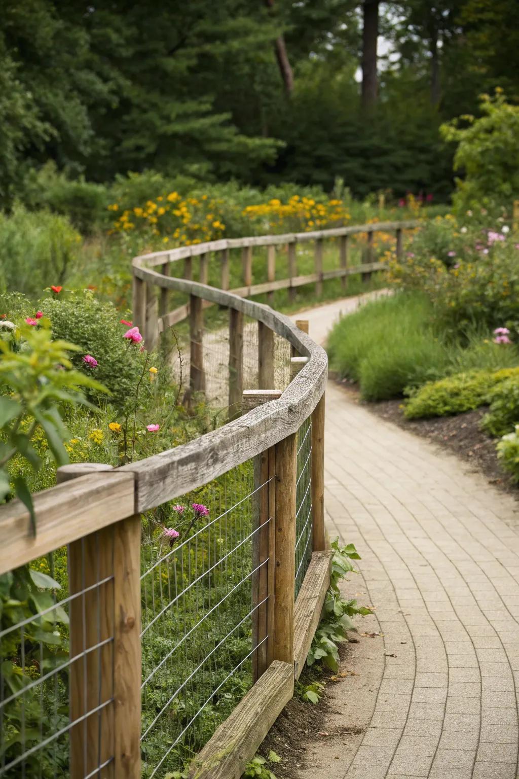Curved timber and wire screen blending with nature.