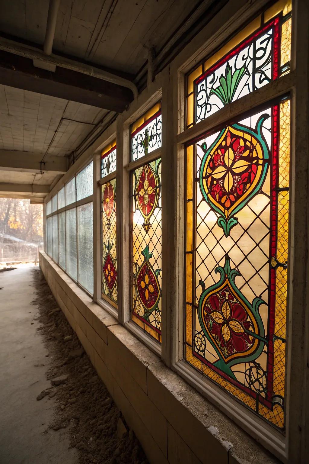 Stained glass transforms windows into artistic focal points.