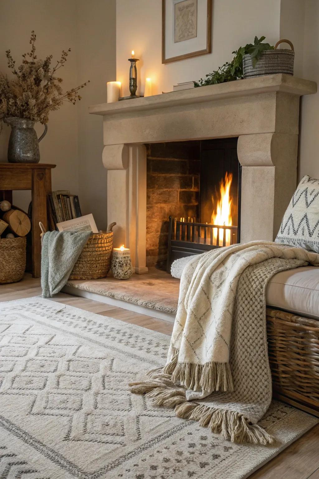 Soft materials add comfort to the fireplace area.