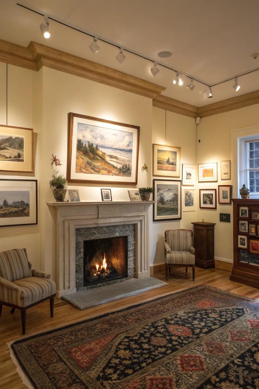 A gallery-like living room showcasing a central fireplace encircled by beautiful artwork.