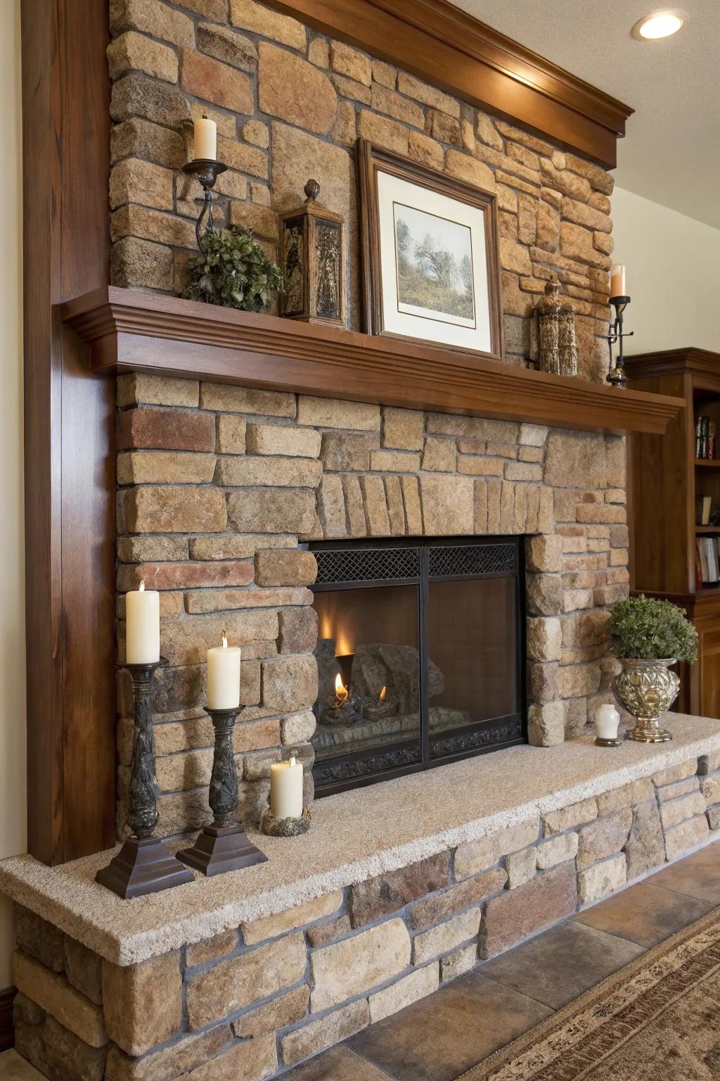 Textured components contributing depth to the mantel.