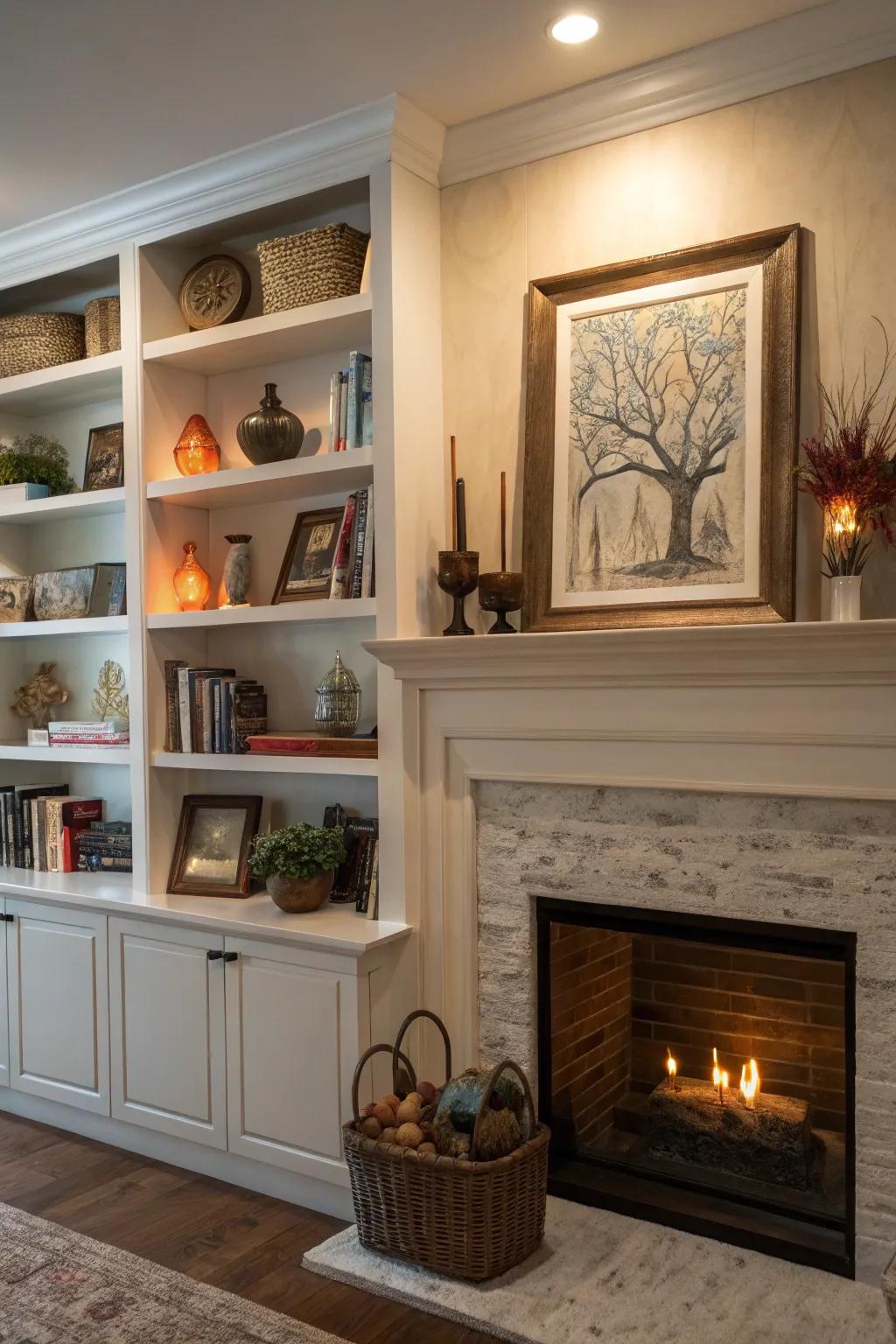 Create an artistic showcase on your built-in shelves for a touch that’s distinctly you.