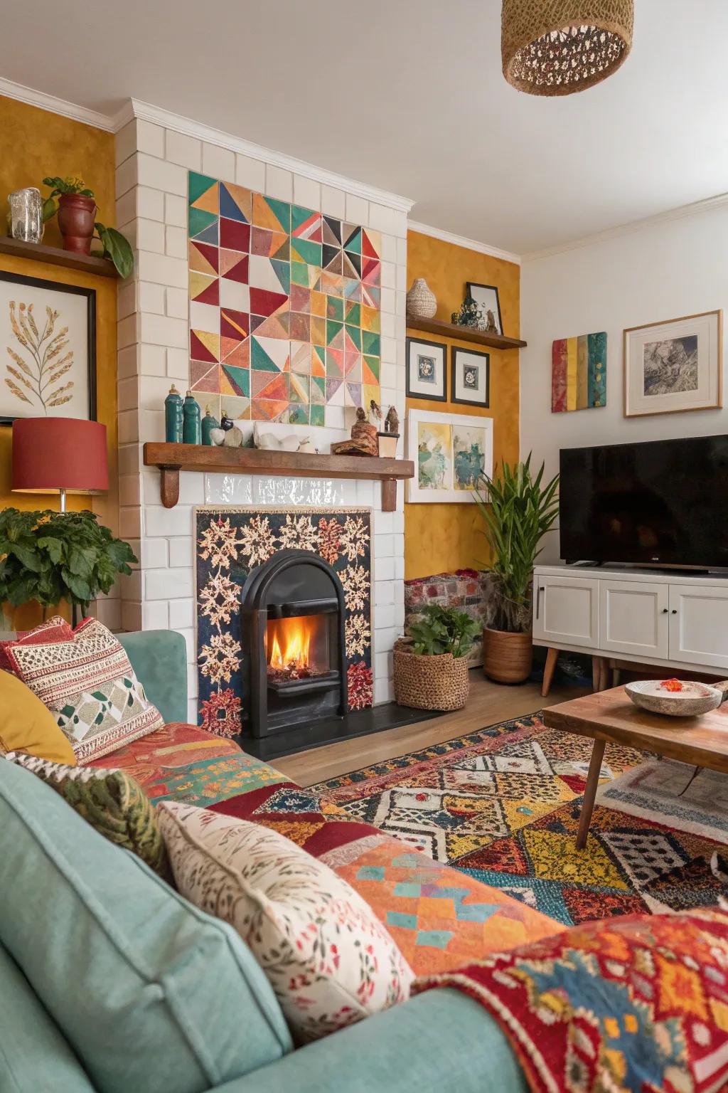 A vibrant living space showcasing a fireplace with geometric tile patterns.