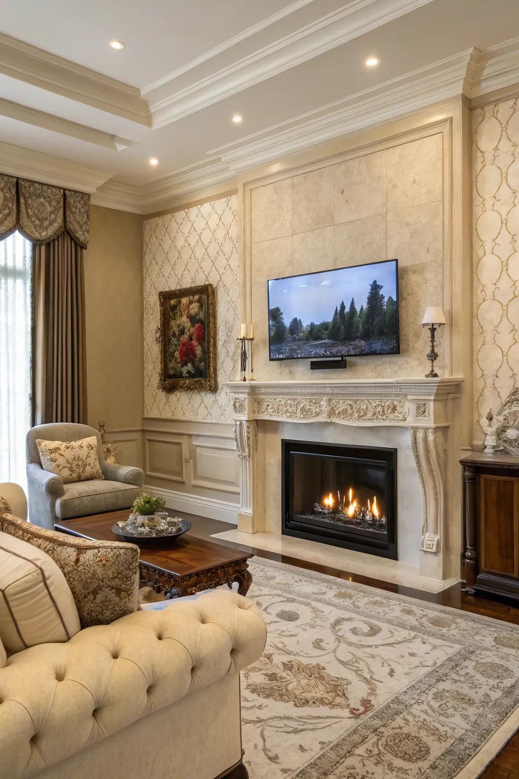 A family room presenting a TV that camouflages as artwork above the fireplace.