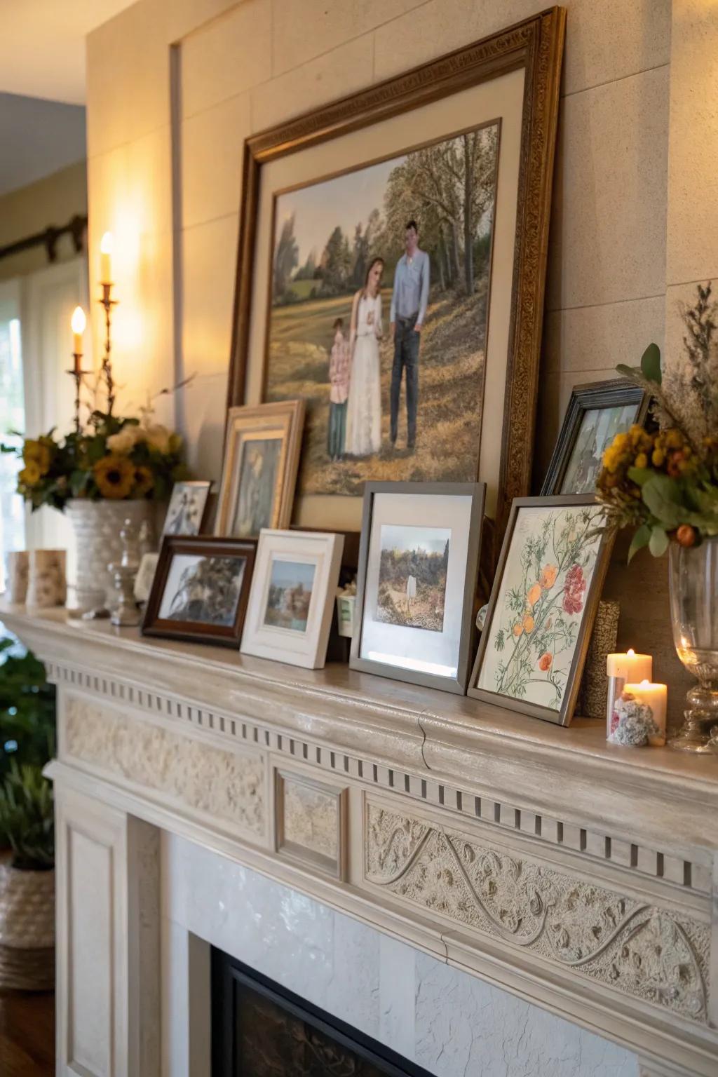An artistic presentation upon the fireplace mantel contributes a personal element.