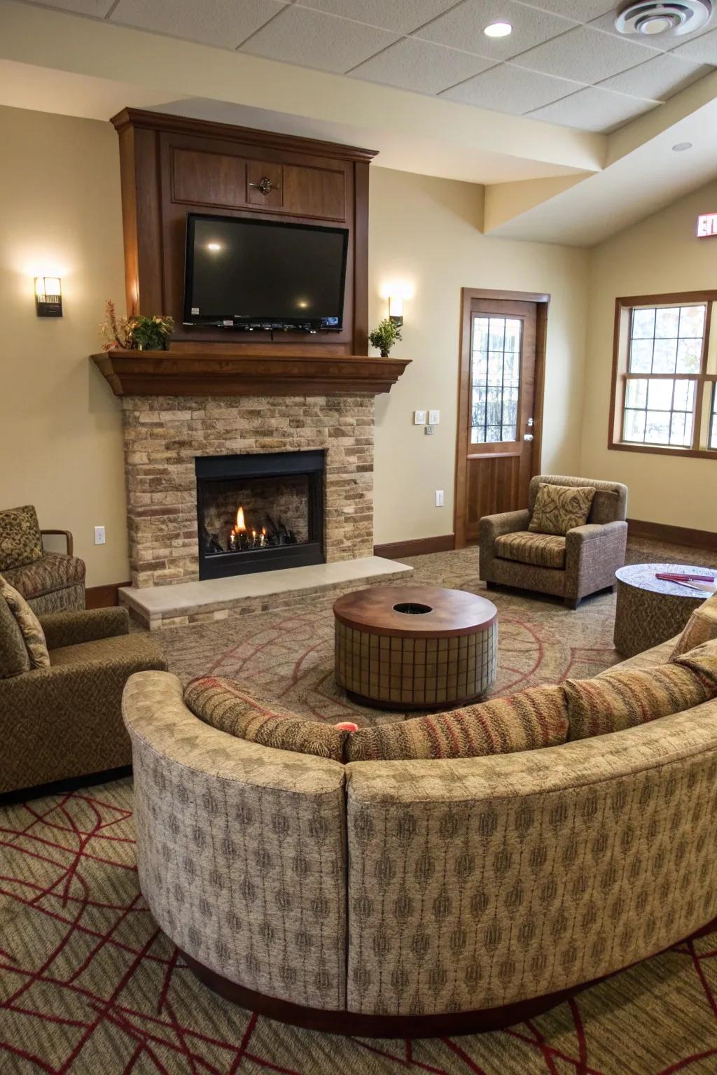 A functional living area setup with circular seating and a fireplace.