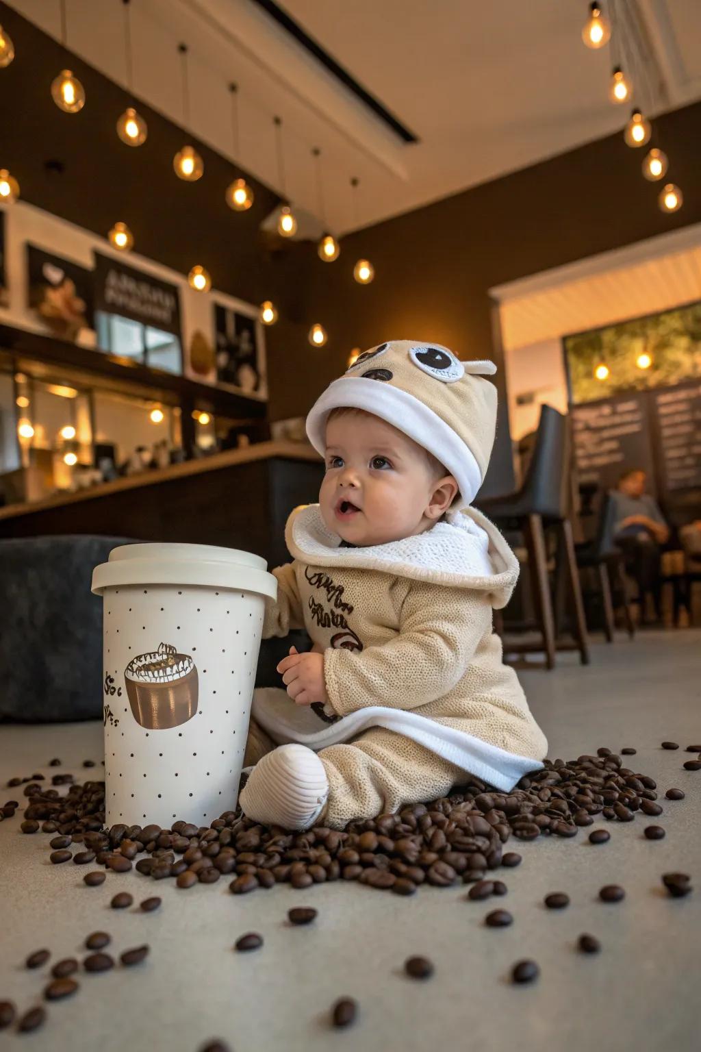 A snug coffee cup costume for parents who adore their brew.