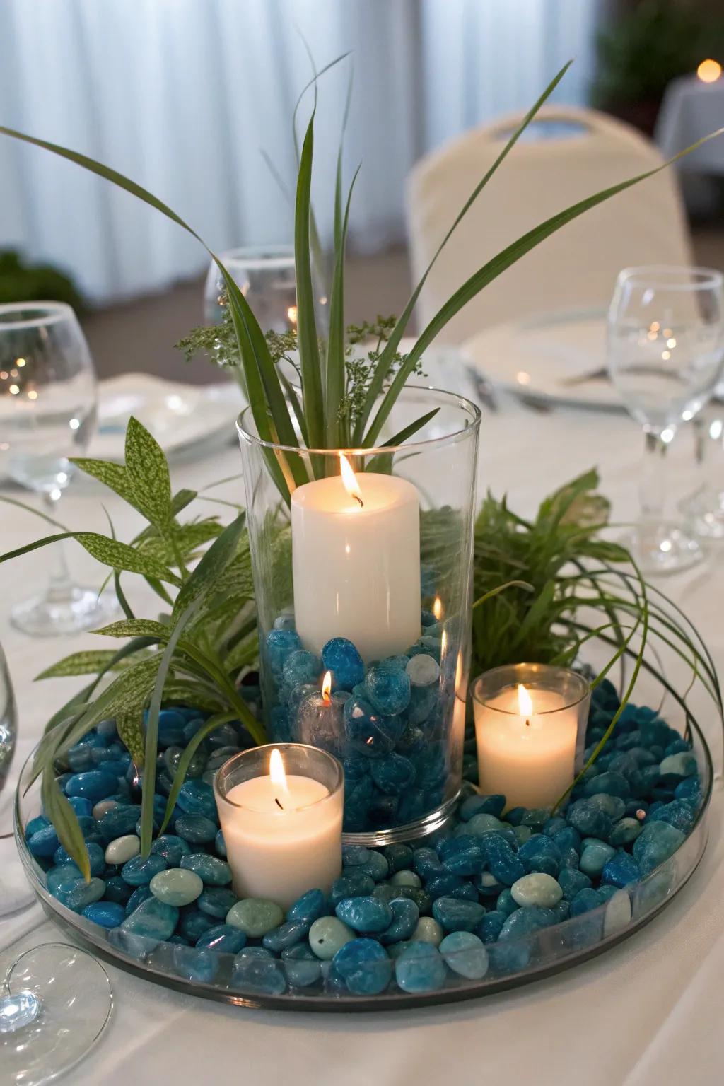 Azure glass stones mimic the look of shimmering water.