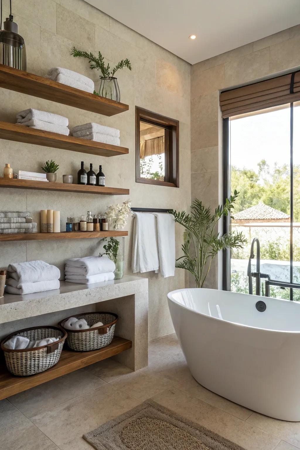 Washroom display racks furnishing sophistication and utility.