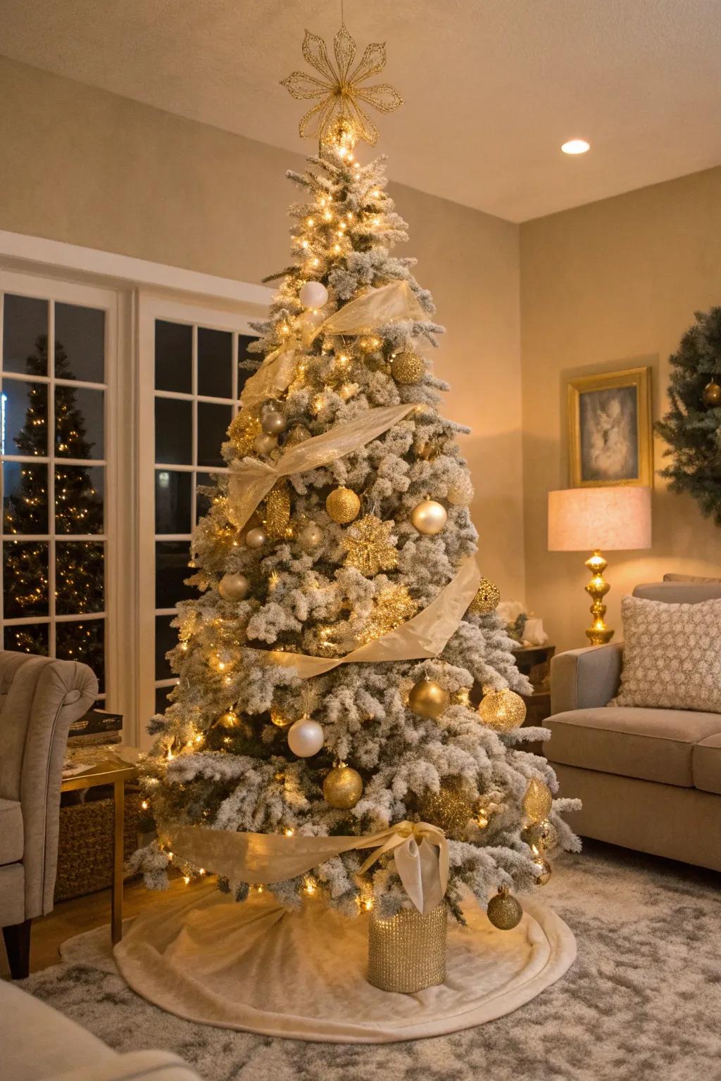 A comforting and snug golden hues-themed flocked Christmas tree.