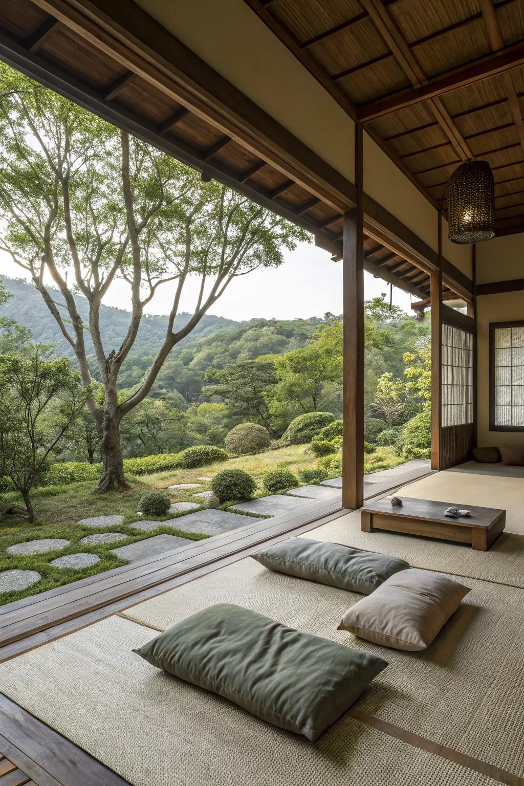 Indoor-outdoor floor seating blurs the lines between nature and home.