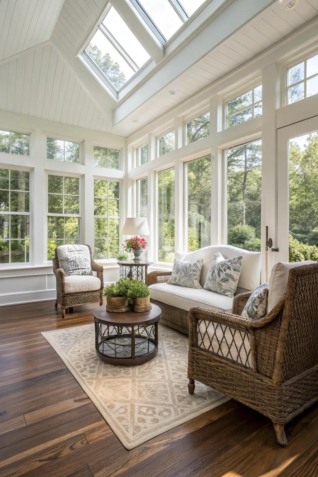 A stable and stylish sunroom featuring engineered wood flooring.