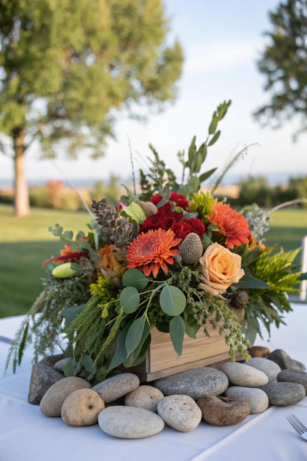 An outdoor-inspired floral centerpiece with greenery and stones on a table.
