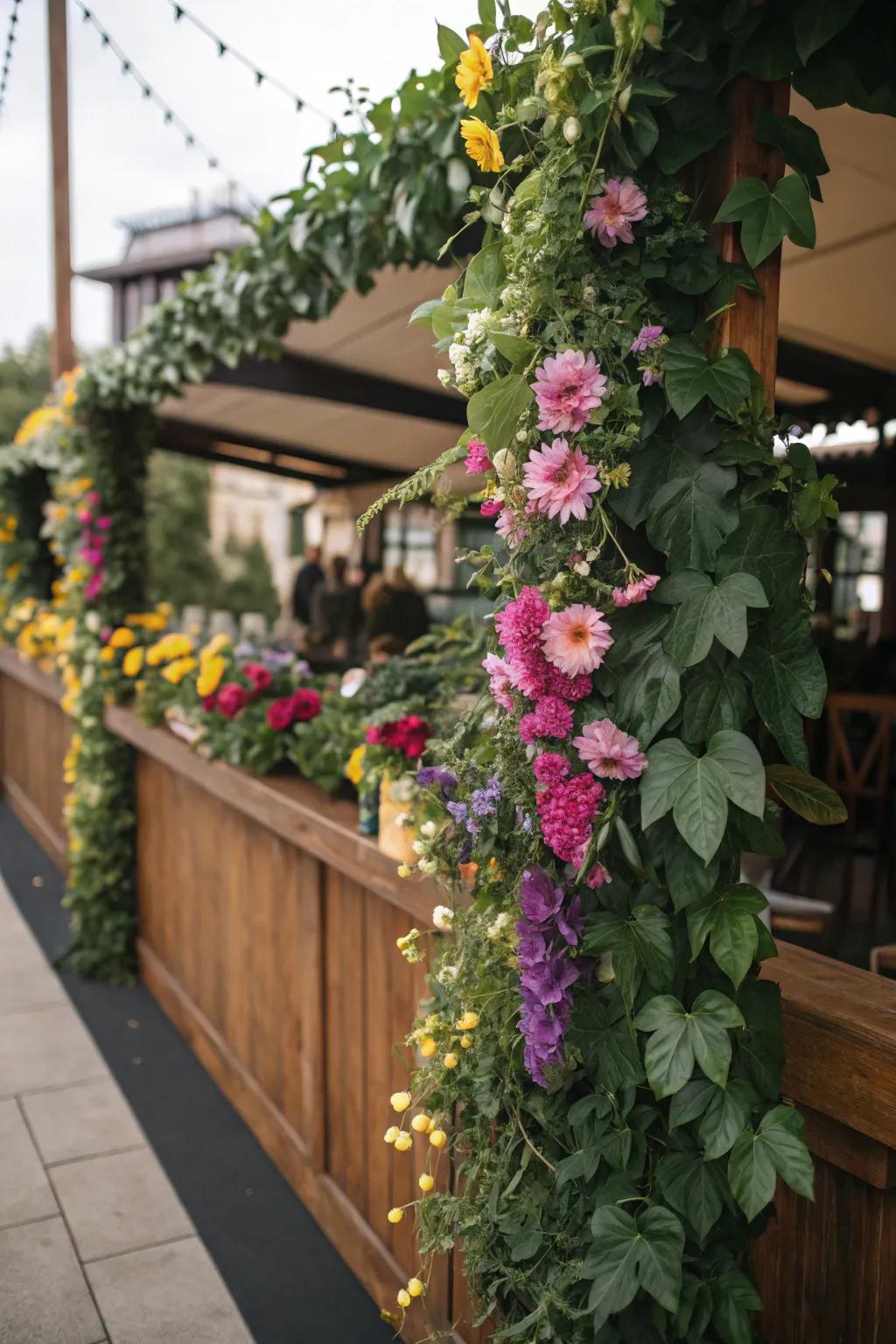 Foliage imparts lavish texture to the flower bar.