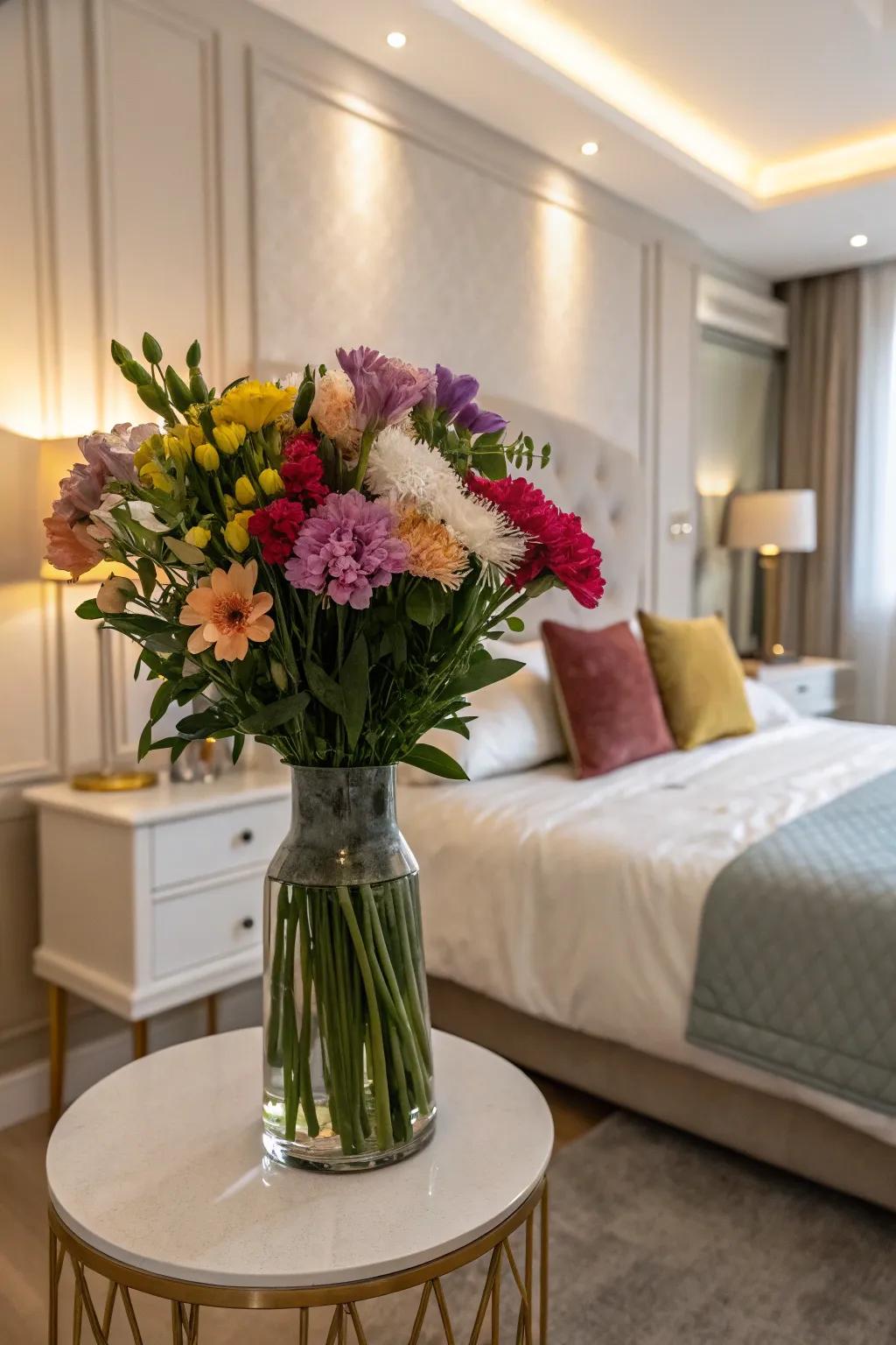 Commence your day with cheerful blossoms by your bedside.