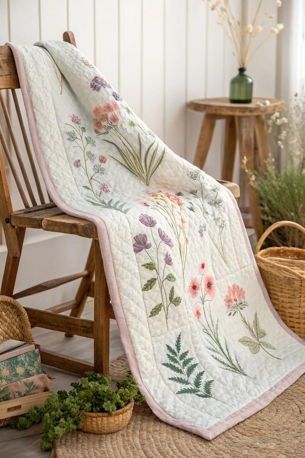 Embrace nature's charm with the Wild Bloom Charm quilt, where spontaneity meets craftsmanship.