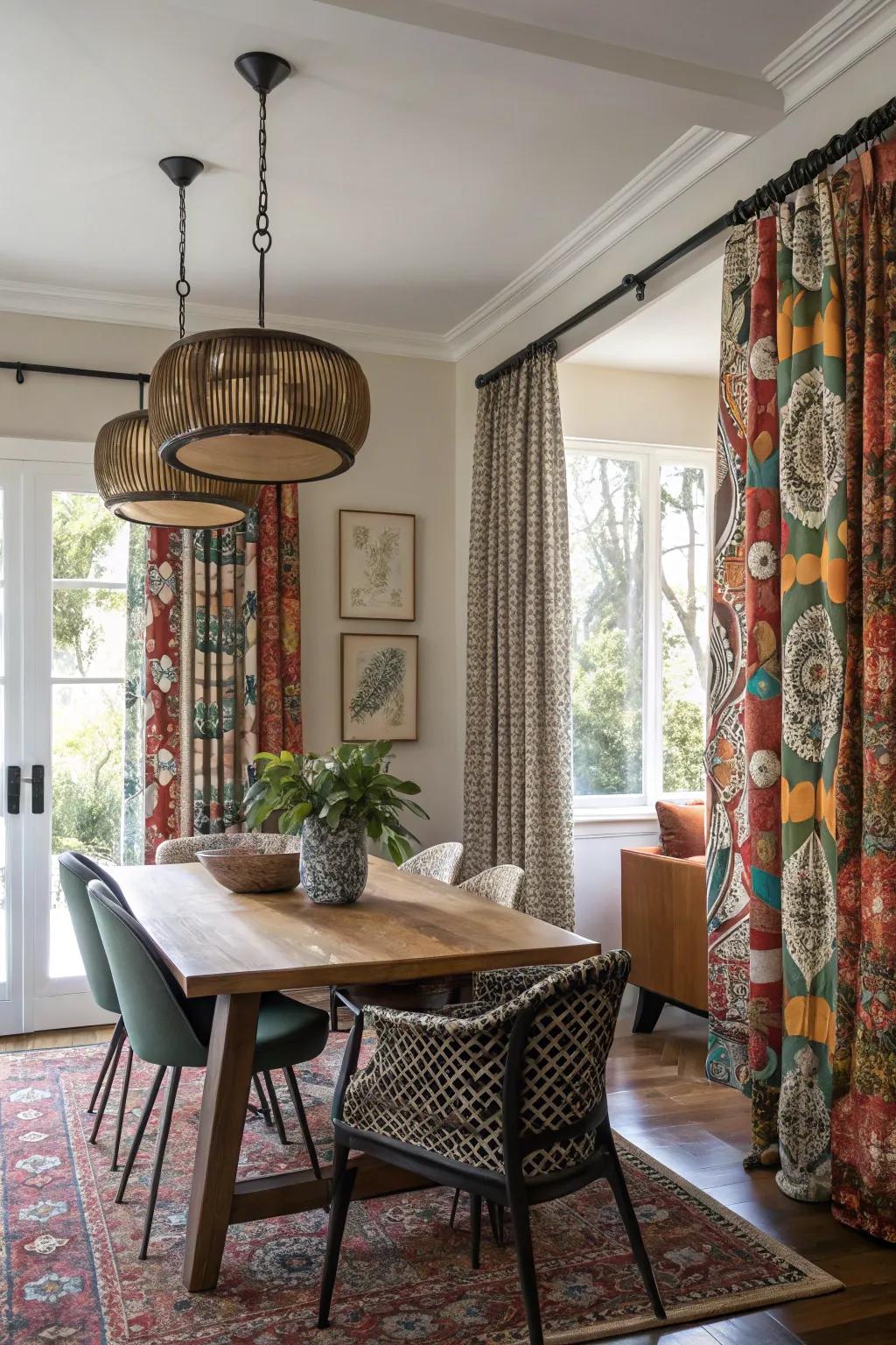 Eclectic curtain designs blend traditional and modern styles in this dining room.