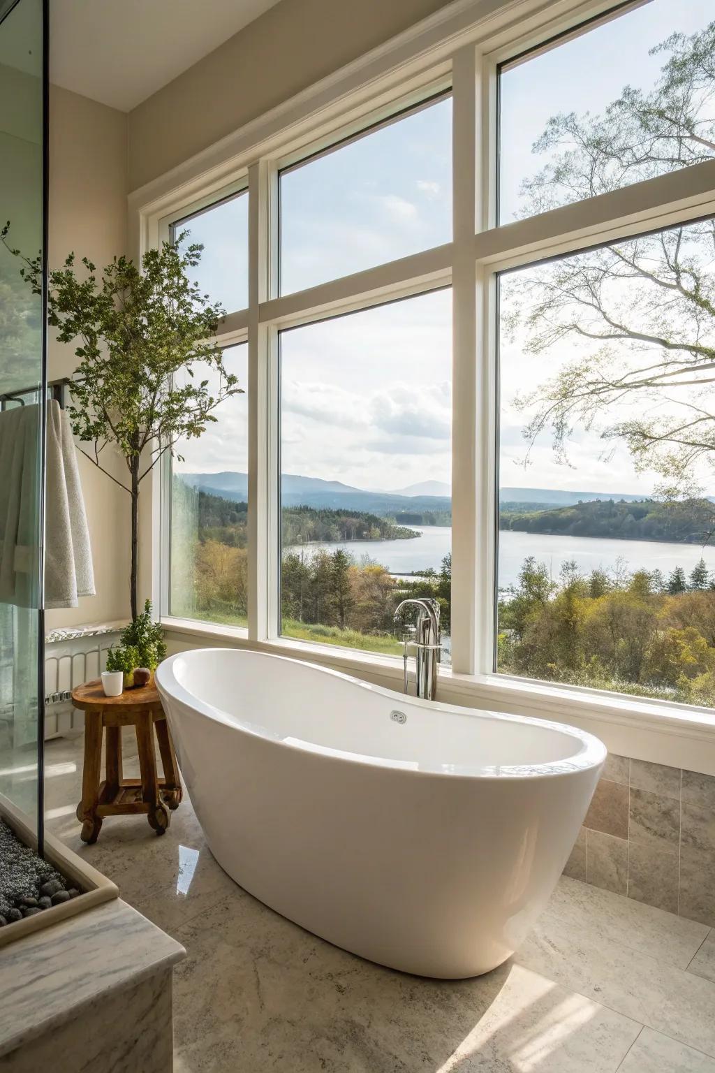 A serene bathroom with a freestanding tub enjoying a scenic window view.