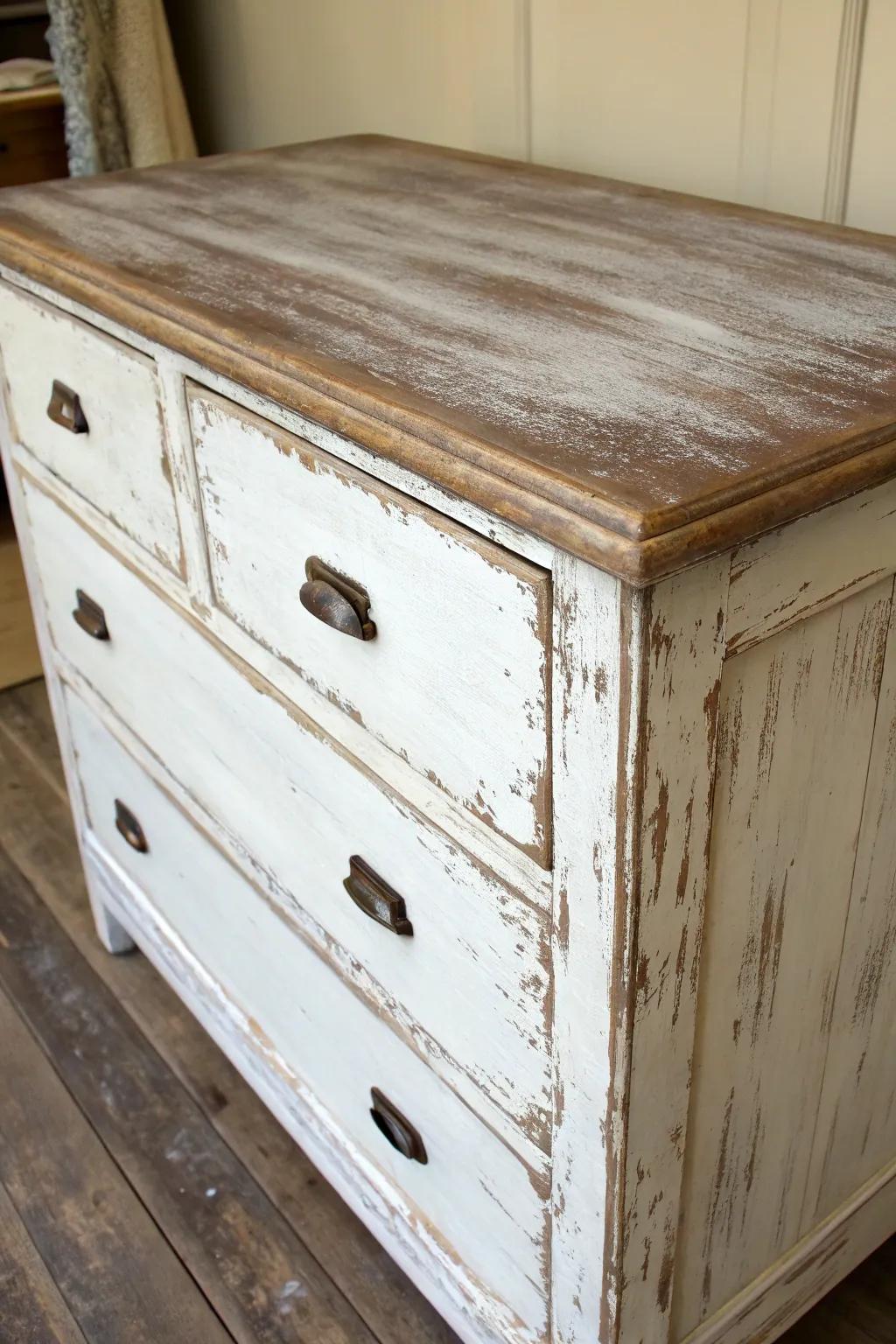 A chalk-painted dresser displaying a beautifully aged finish.