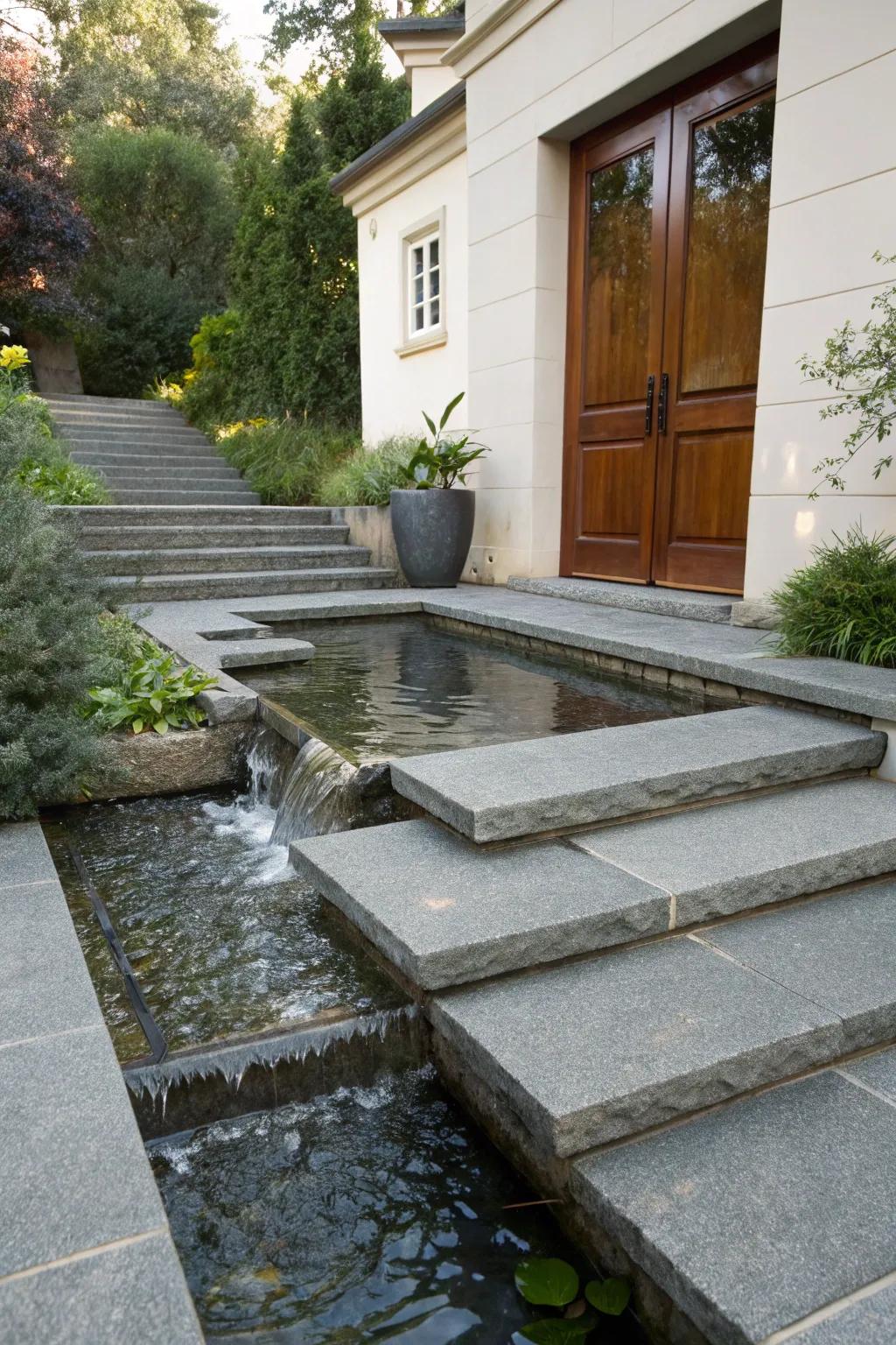 Water features bring tranquility to stone steps.
