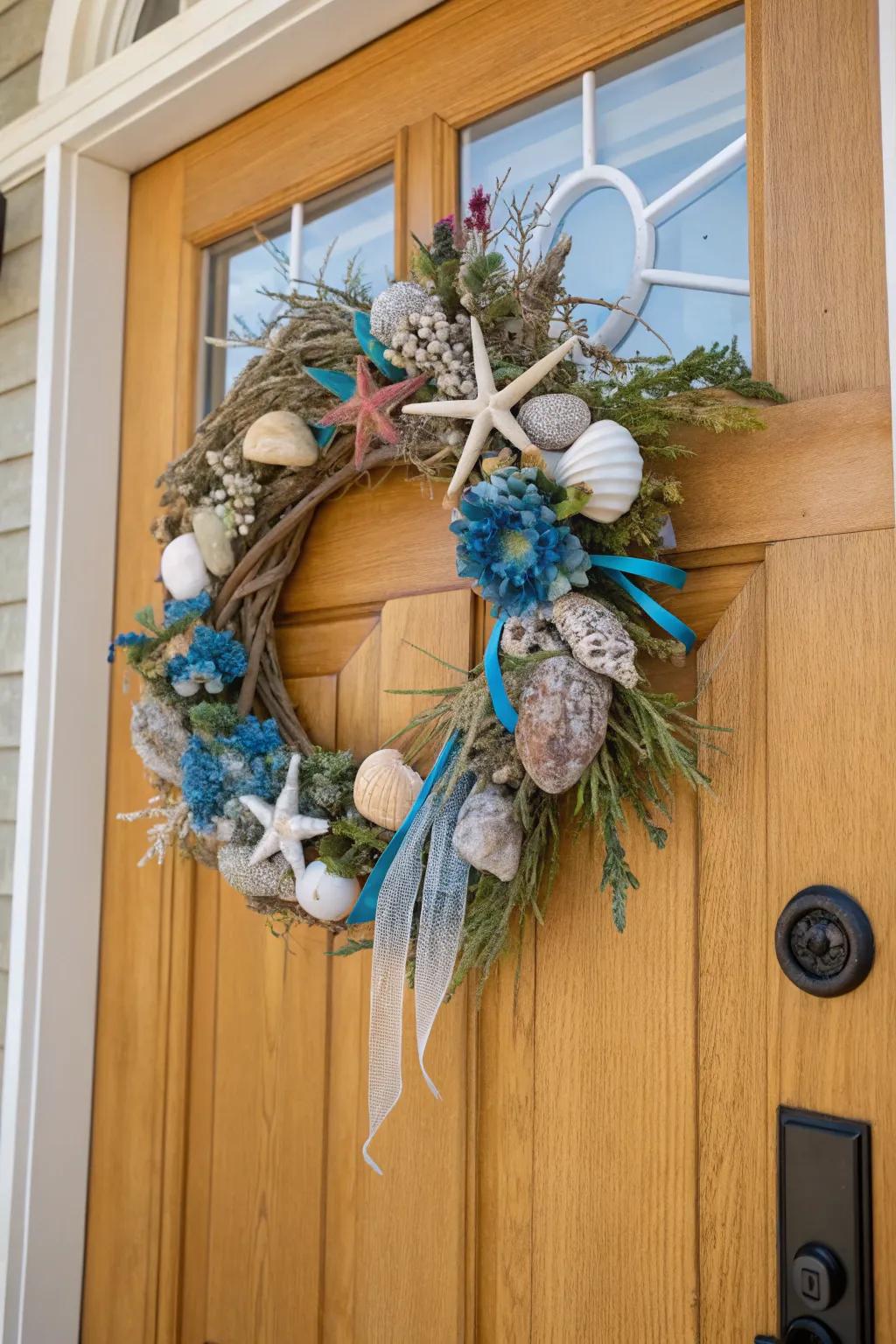 A beachy coastal wreath, a whisper of seaside serenity greeting all who arrive.