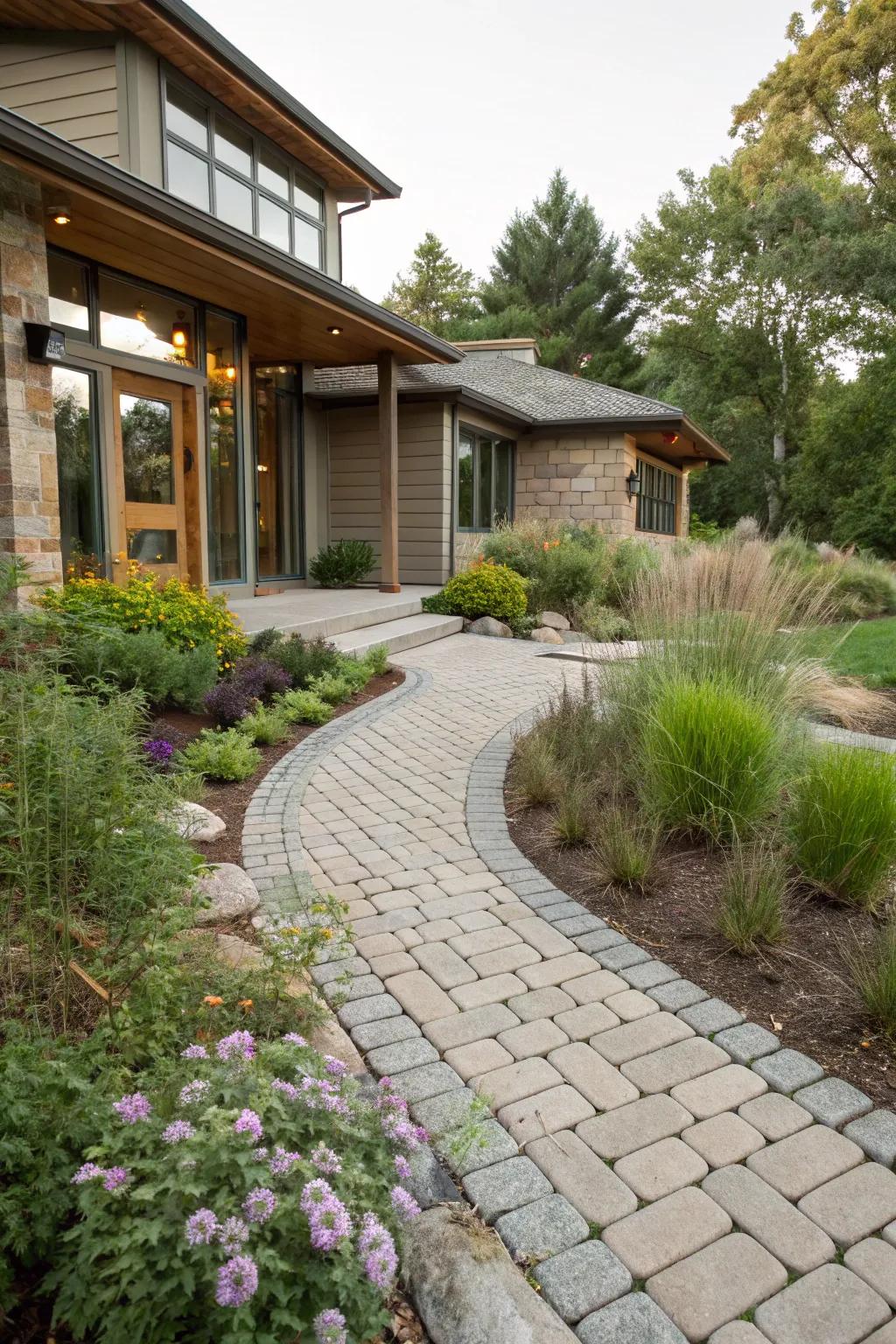 Eco-conscious porous pavers for a sustainable entrance.