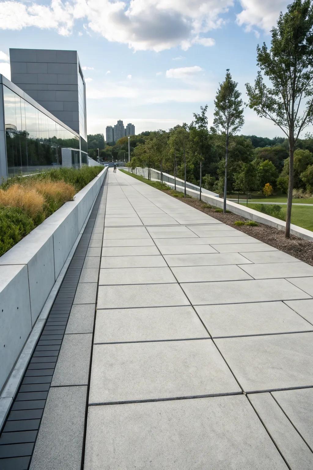 A modern walkway showcasing streamlined, expansive cement flagstones.