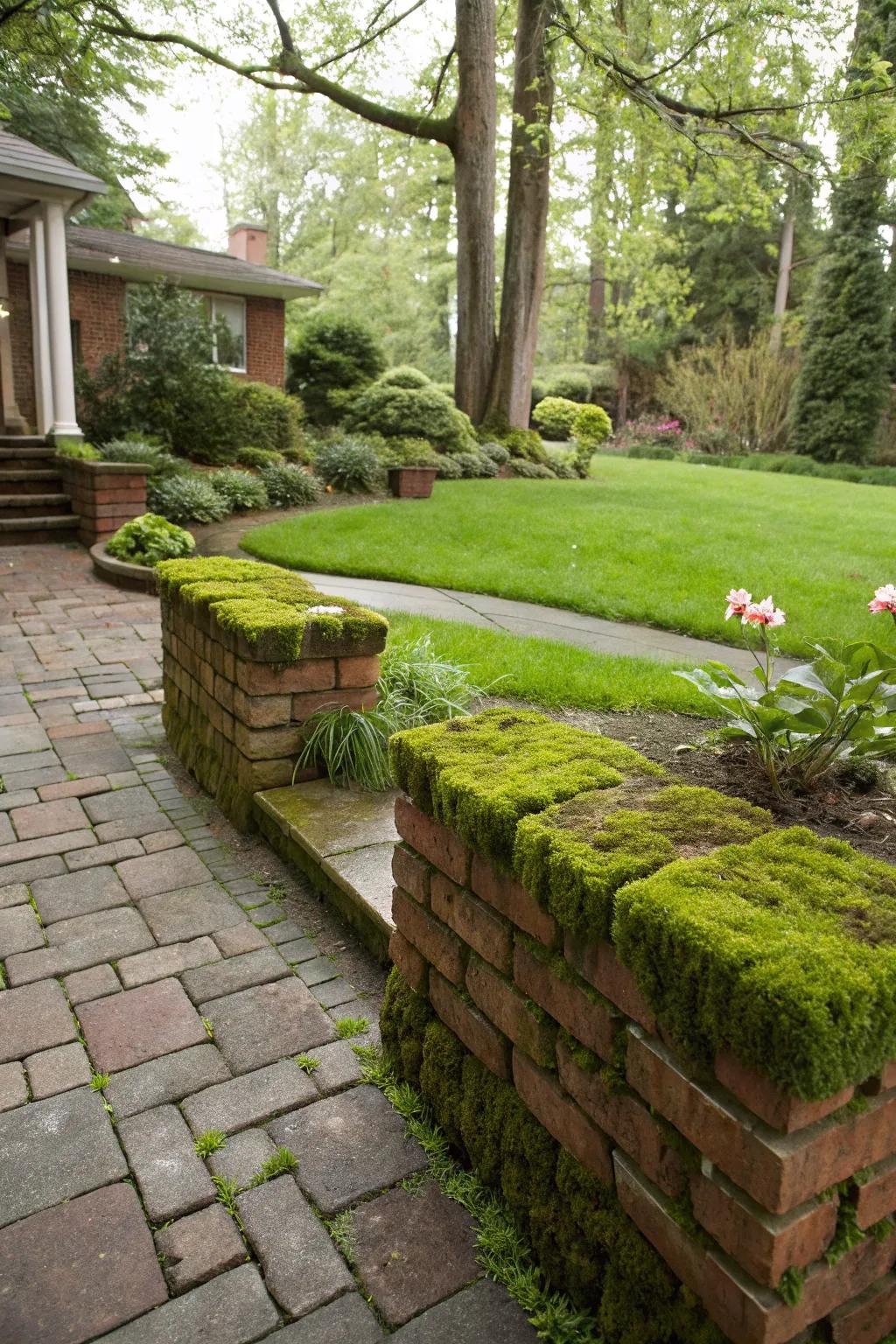 Moss-laden bricks introduce a charming, natural element.