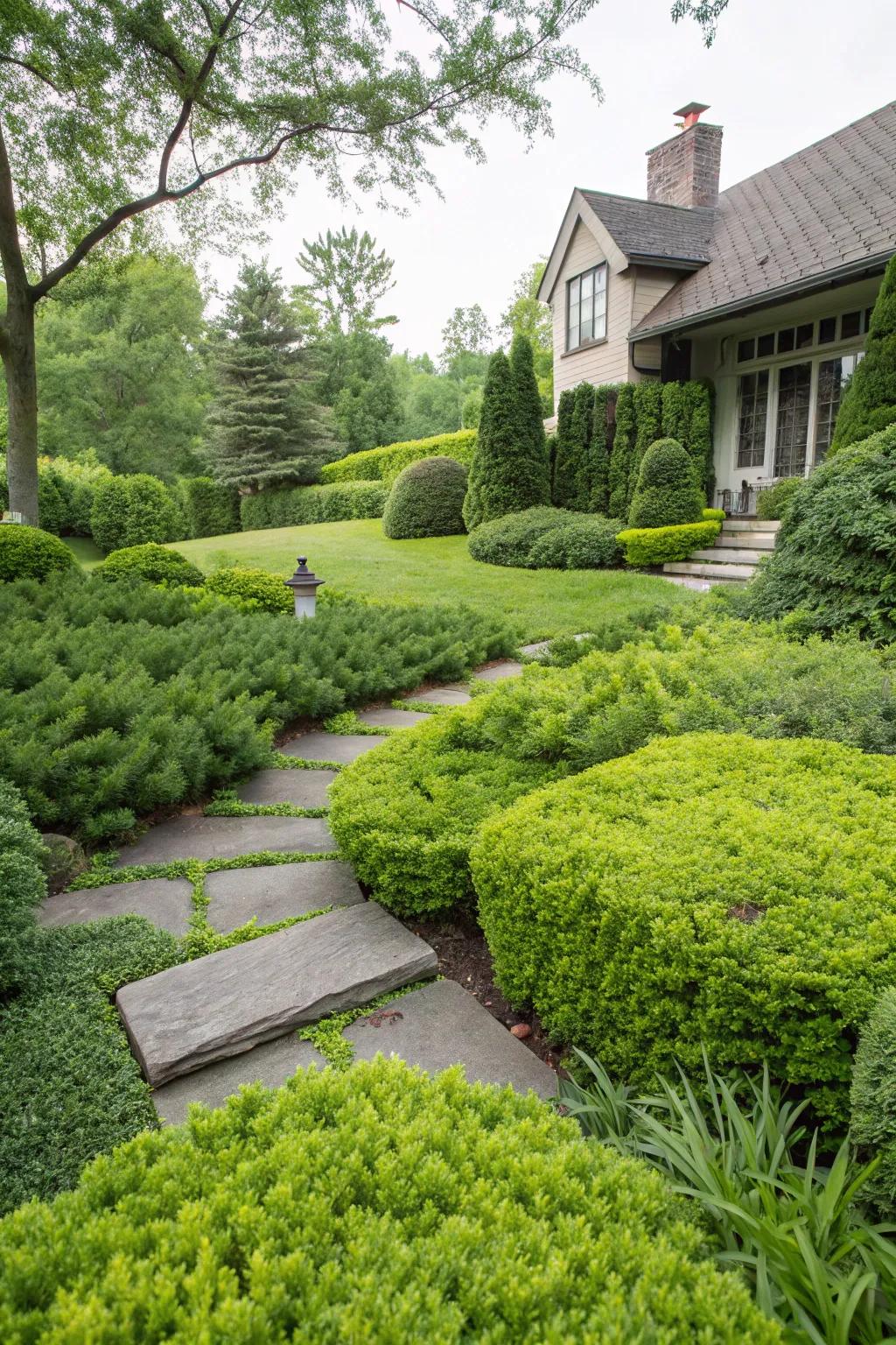 Low-maintenance beauty is offered by evergreen groundcovers.