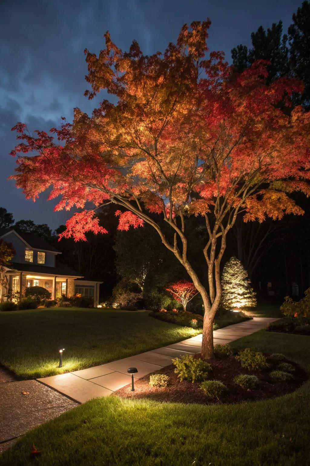 Scenery illumination highlights the refined form of the Japanese maple beneath the night sky.