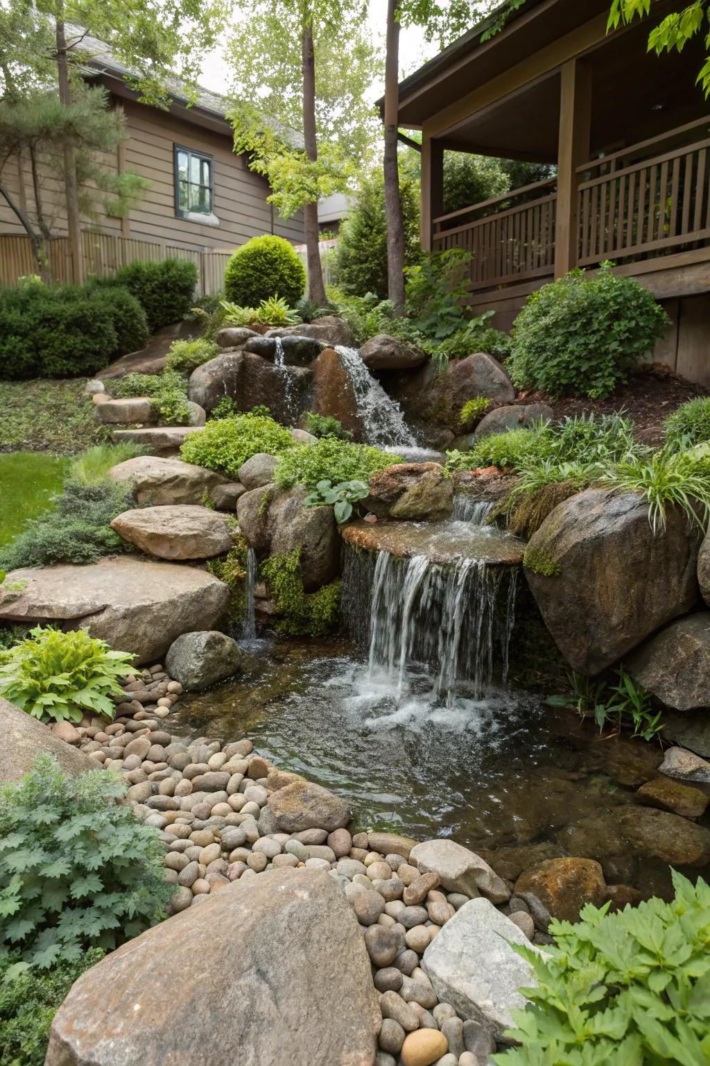 A modest cascade incorporated into a front garden stone design.