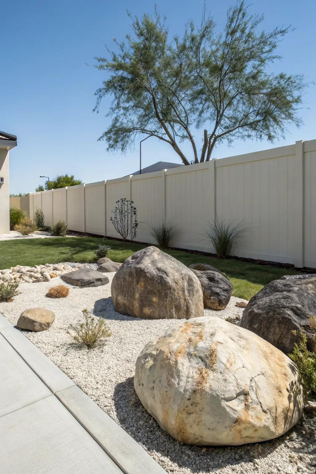 Develop a minimalist landscape through strategically positioned stones.