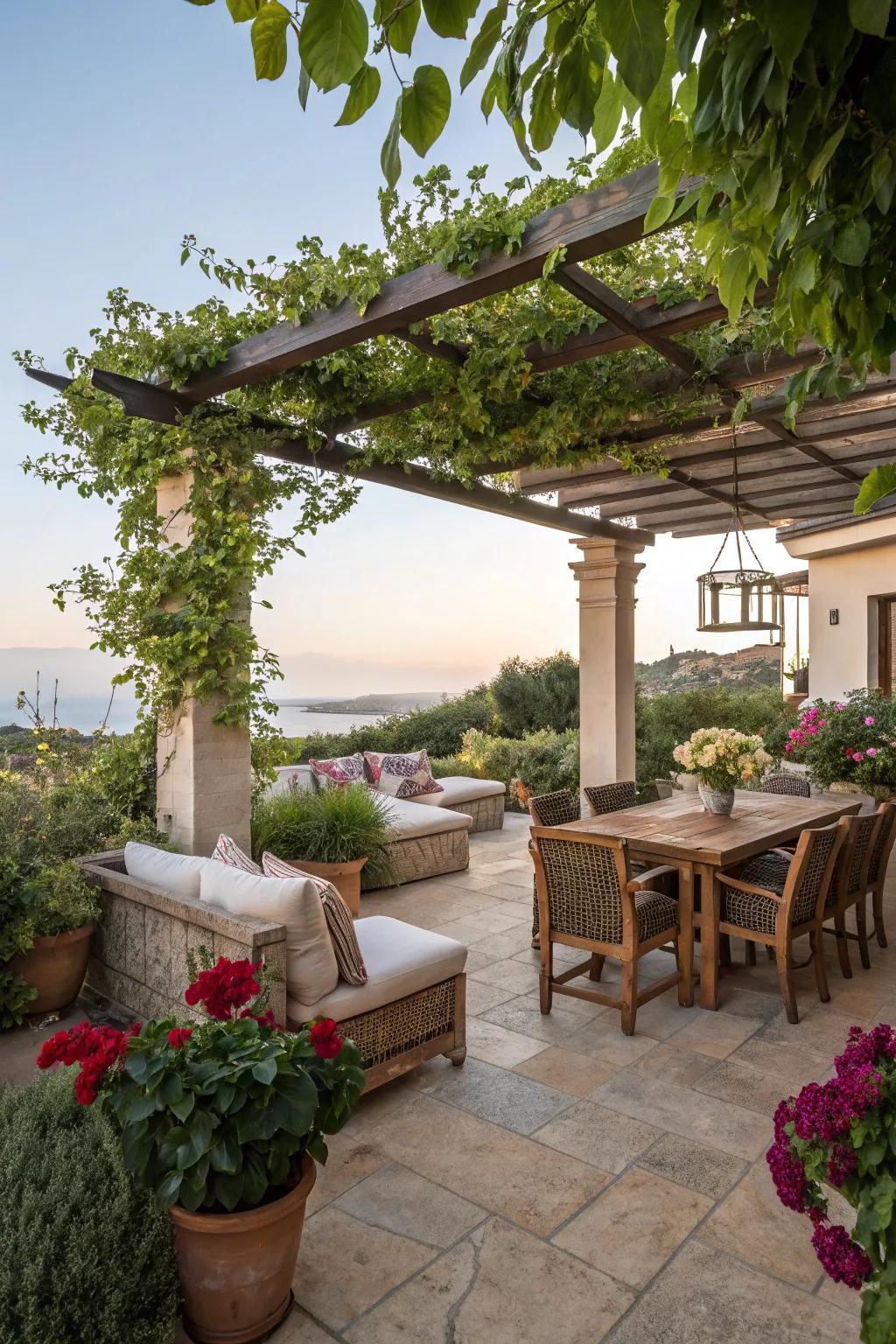 An inviting outdoor seating area encourages relaxation in this Mediterranean-inspired yard.