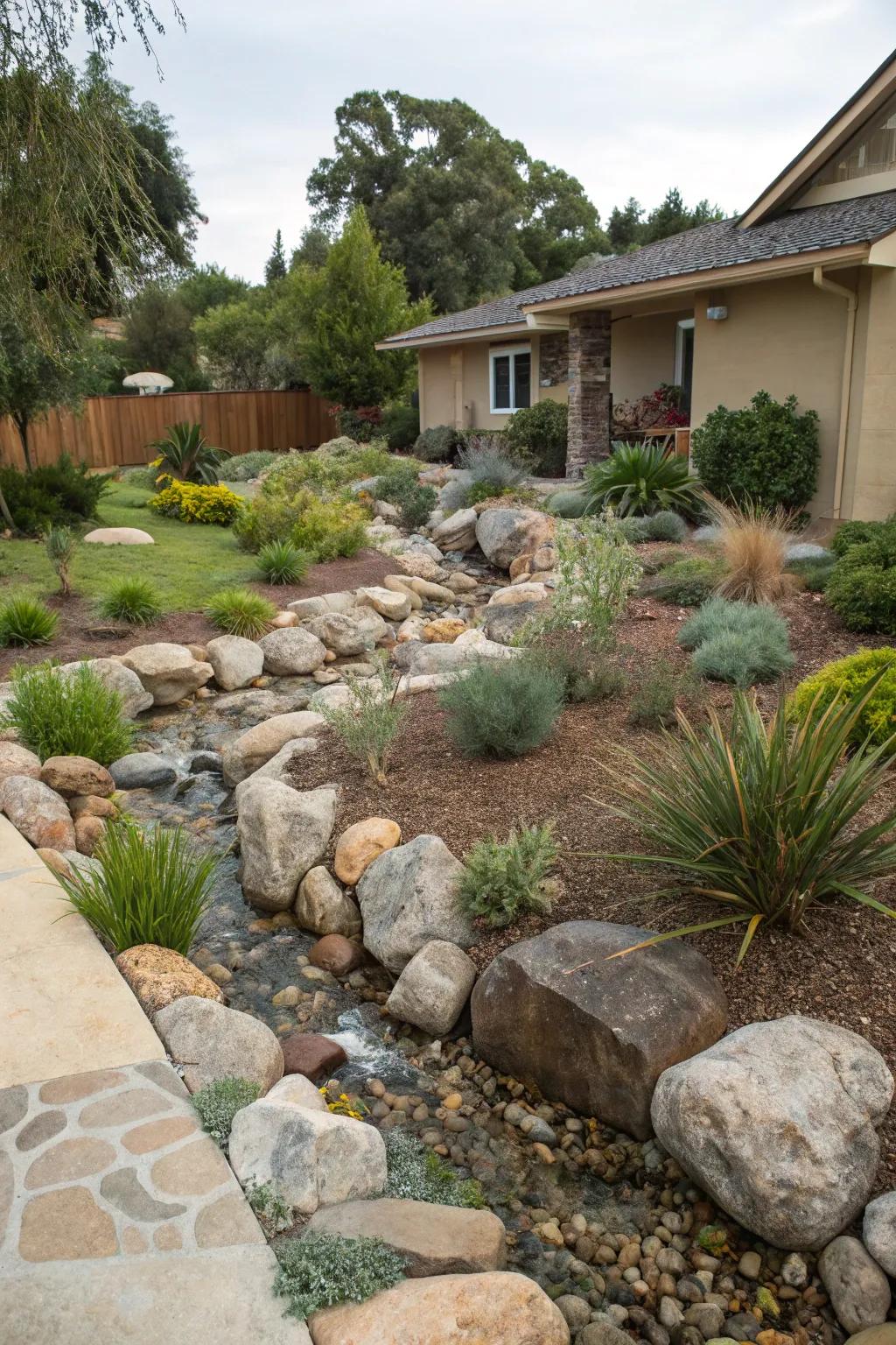 Water elements contribute to the sense of serenity and sophisticated design within xeriscape gardens.