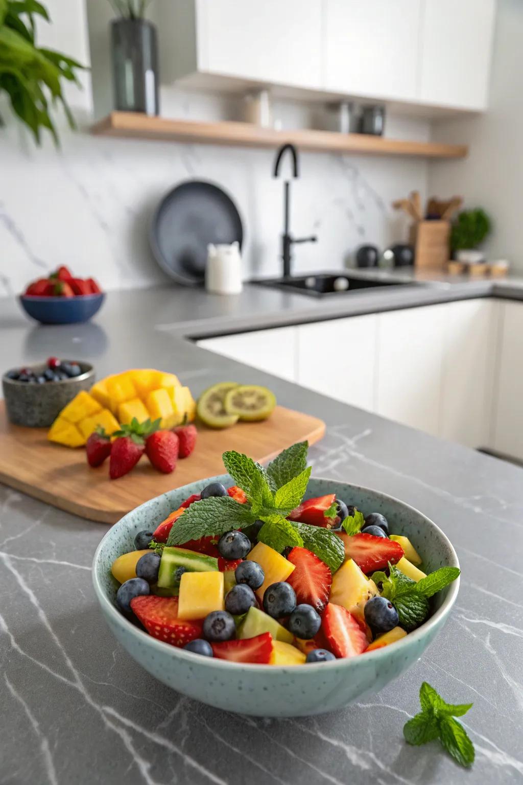 Herbs such as mint infuse a refreshing and aromatic element into fruit creations.