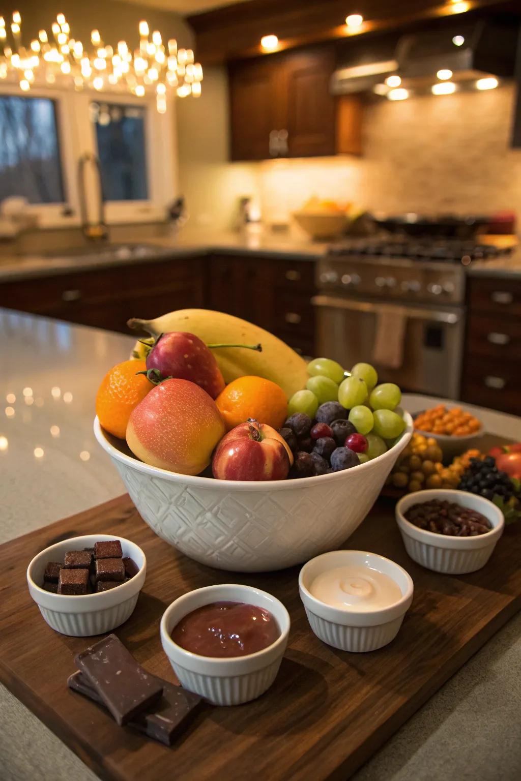 A delectable fruit bowl with indulgent dipping sauces.