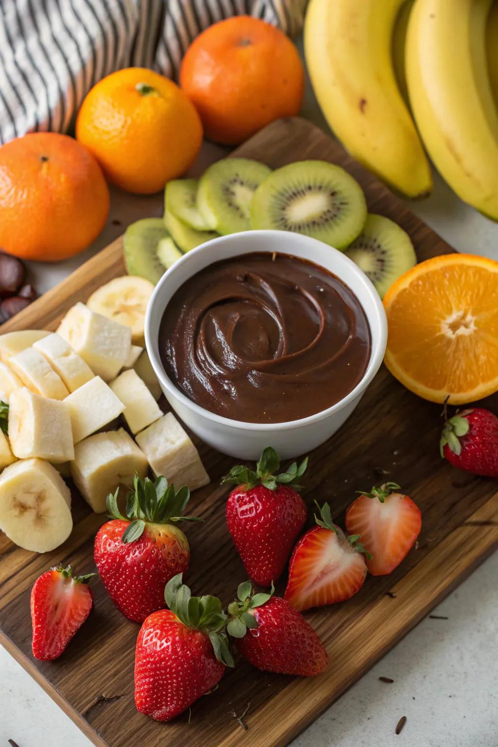 An extravagant fruit arrangement with chocolate fondue for dipping.