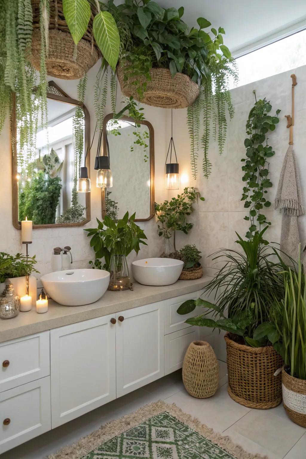 Greenery imparts a revitalizing element to this fashionable bathroom.