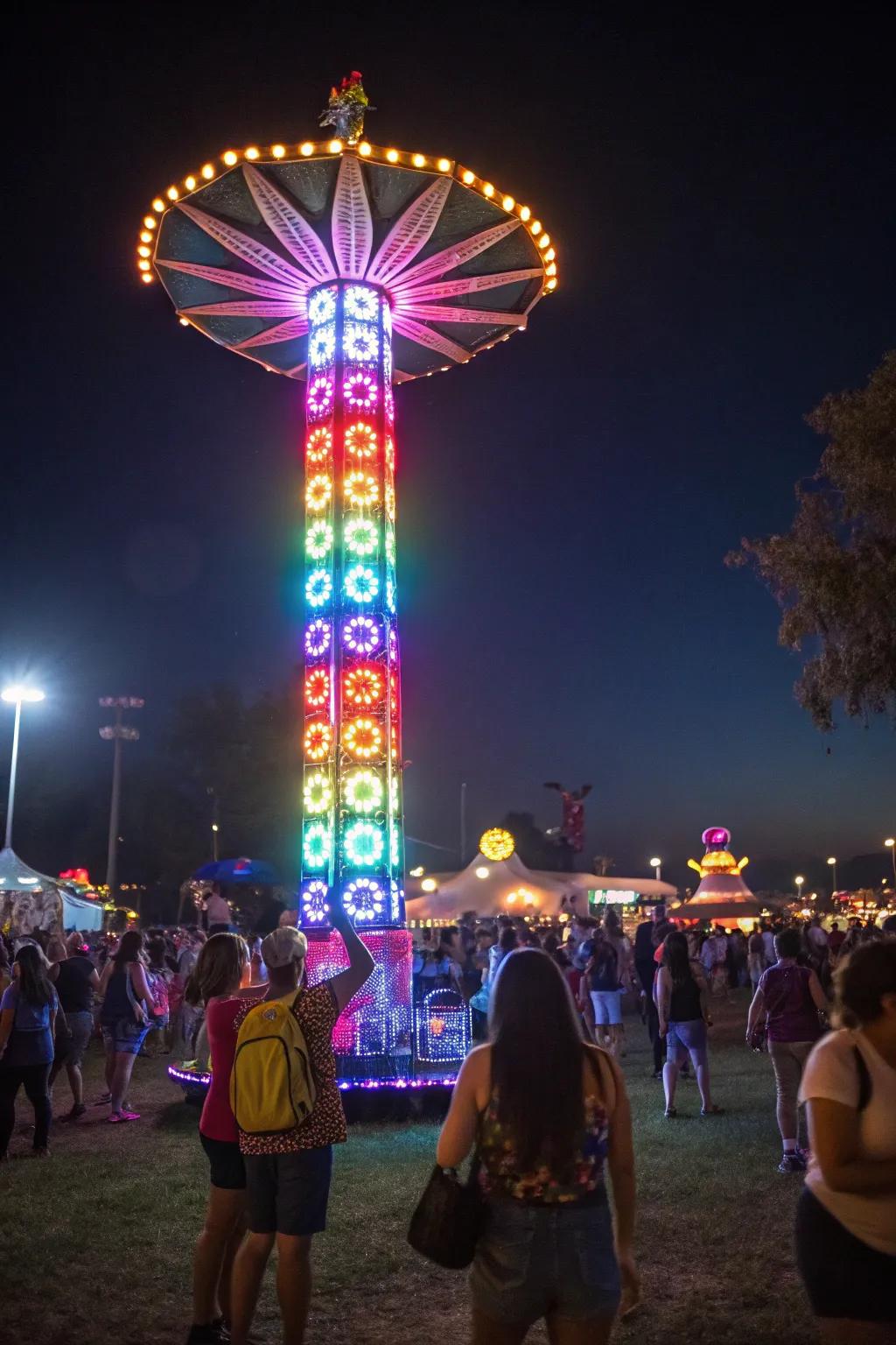 LED-lit markers illuminate the night and direct festival companions.