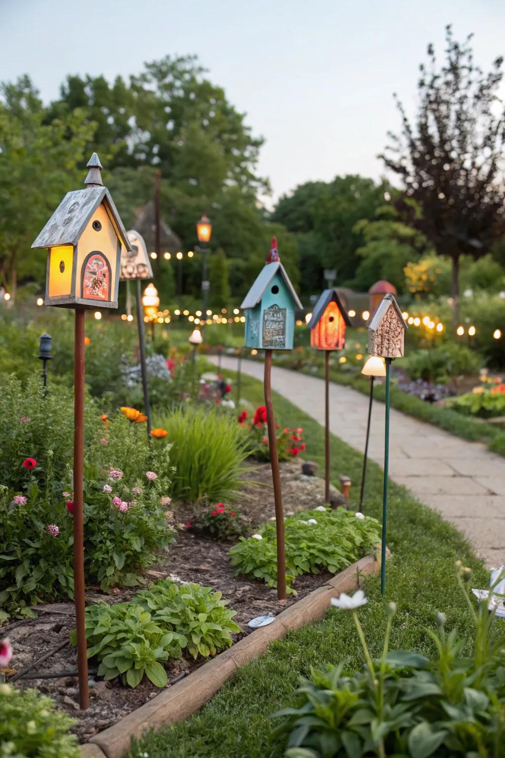 Tiny house decorations transforming the garden into a whimsical village.