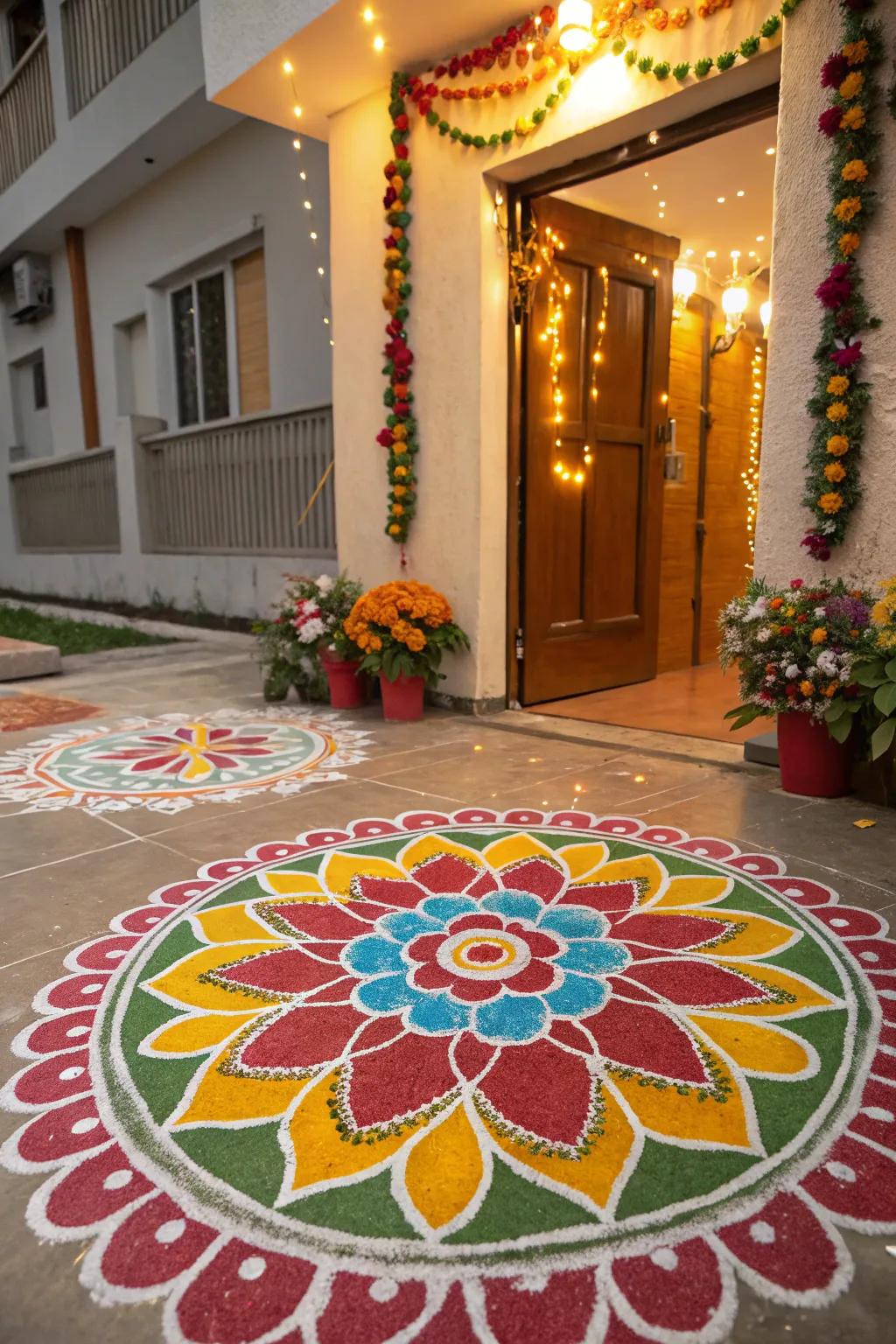 A kaleidoscopic and inviting rangoli pattern at the gateway, thus establishing the celebratory tone.